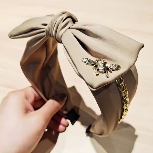 NEW Satin Big Bow Metal Bee and Chain Accents Headbands - CHOOSE YOUR COLOR - Picture 10 of 15